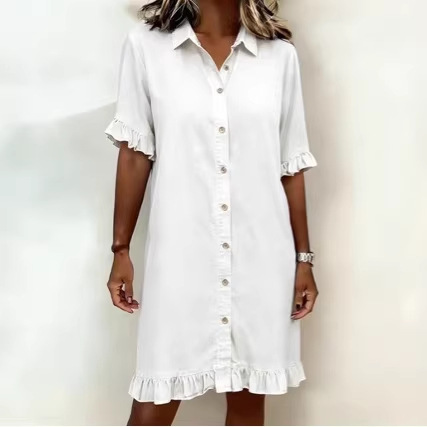 Washed Denim Dress Women's Single-Breasted High-Waist Knee-Length Short Dress