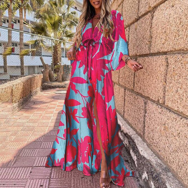 Bohemian V-Neck Slit Printed Maxi Dress Loose Fit Long Sleeve