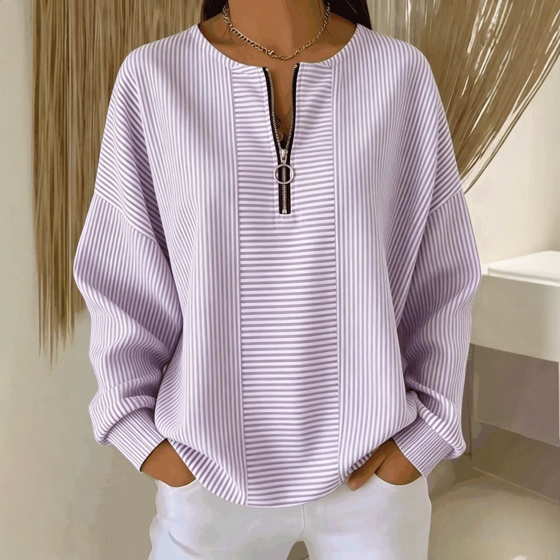 Women's Retro Striped Zip-Front Polo Top Casual Loose Fit
