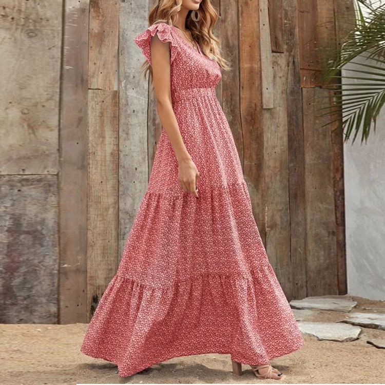 V-Neck High-Waist Floral Print Tiered Short-Sleeve Maxi Dress