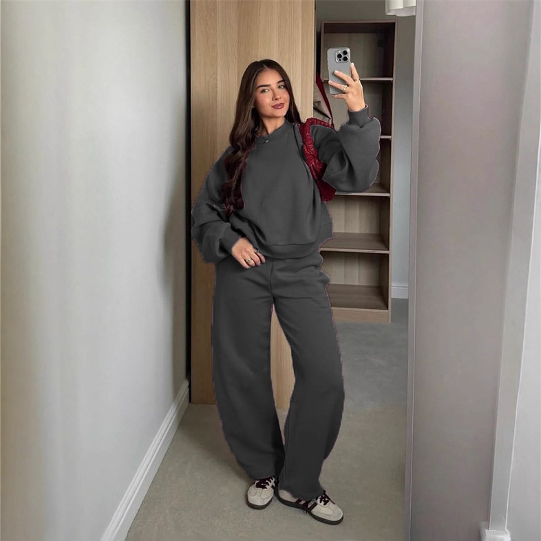 Women's Crewneck Long Sleeve Sweatshirt & Wide Leg Pants Set Casual Solid Color