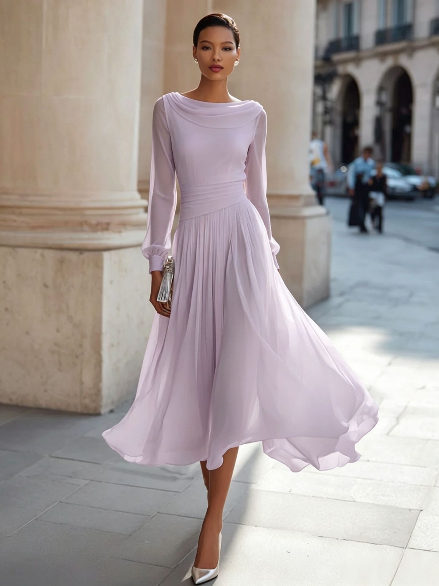 Elegant Cowl Neck Long Sleeve Midi Dress