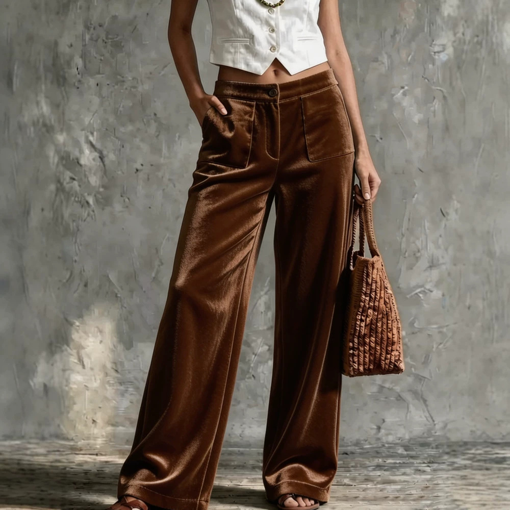 Women's Solid Velvet Button Wide-Leg Pants with Pockets