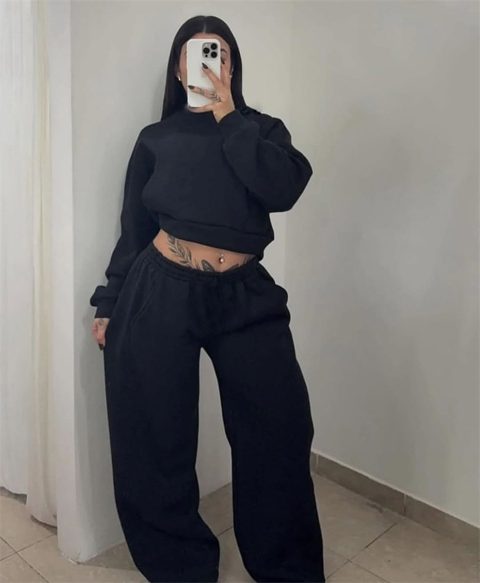 Women's Crewneck Long Sleeve Sweatshirt & Wide Leg Pants Set Casual Solid Color
