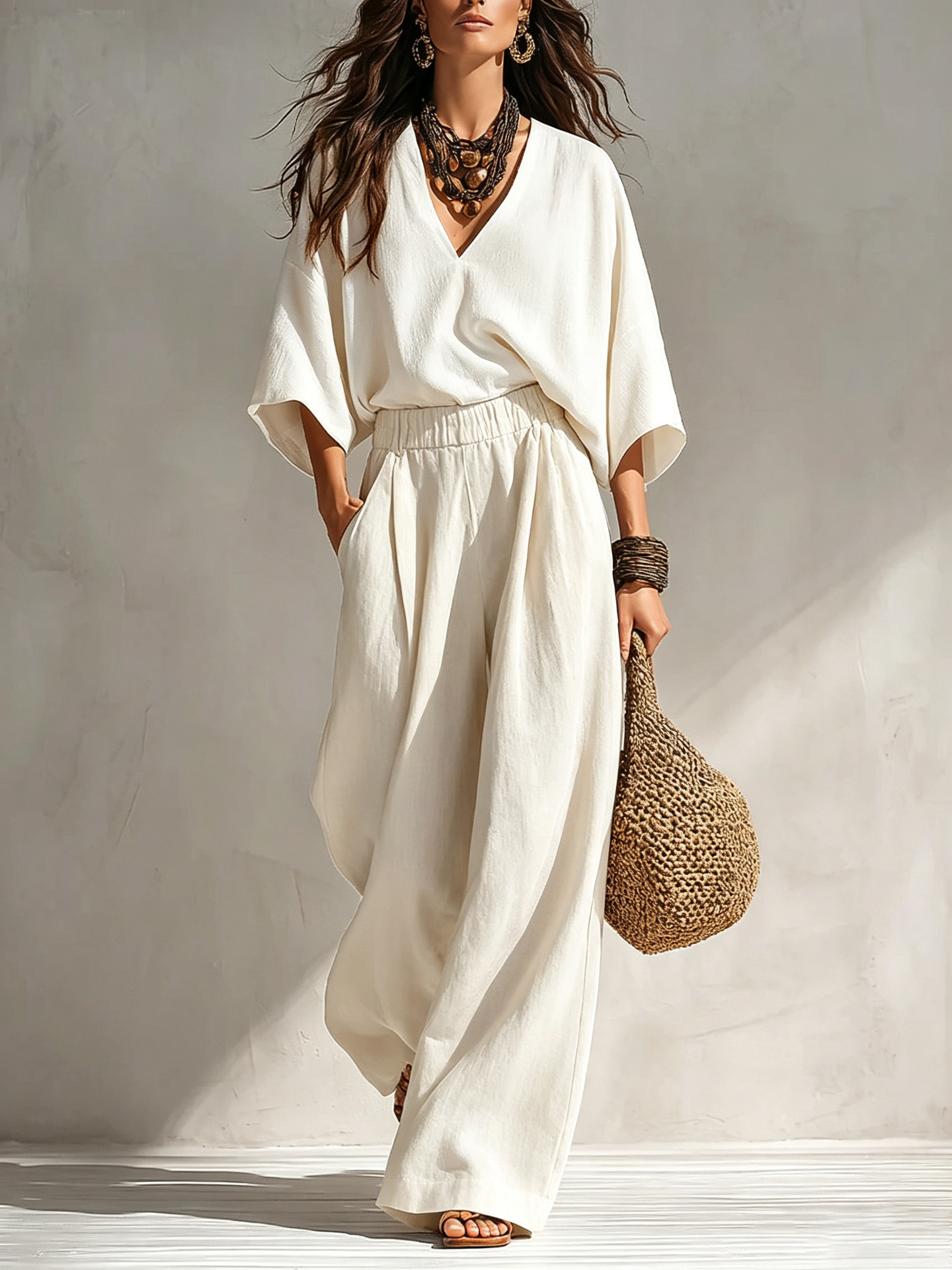 Bohemian Linen-Blend Deep V-Neck Short-Sleeve Wide-Leg Two-Piece Set