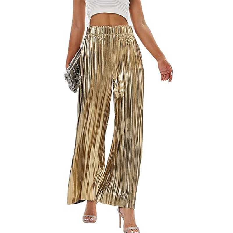 Shiny Pleated High-Waist Wide-Leg Party Pants