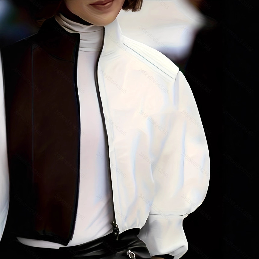 Women's Full-Zip Cropped Jacket with Puff Sleeves and Stand Collar