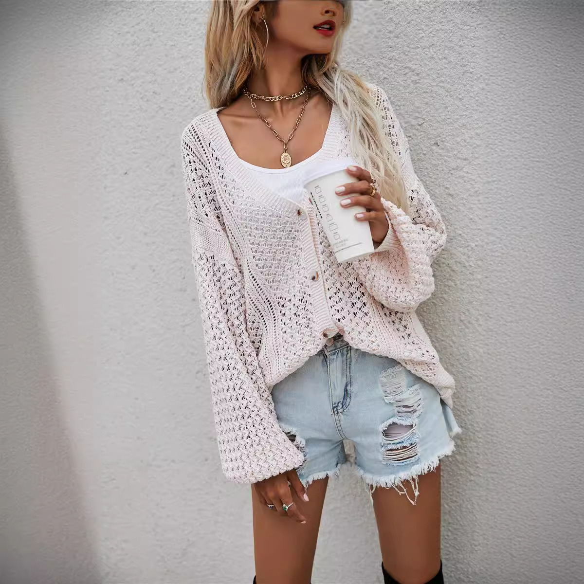 Plus Size Open Knit Cardigan Sweater Loose Fit Long Sleeve