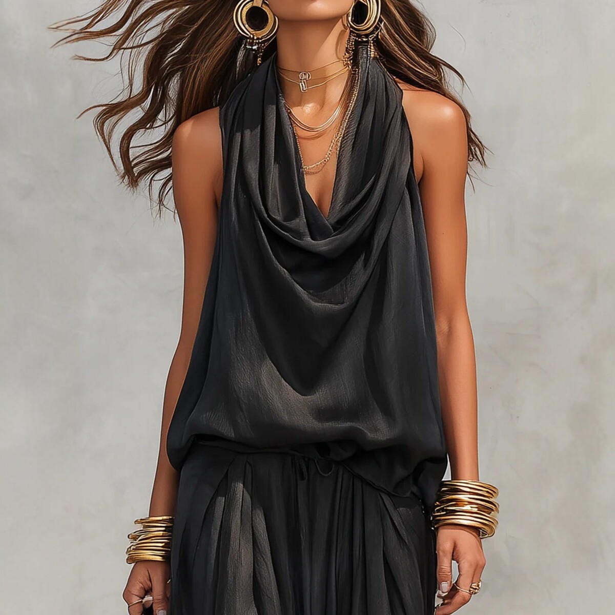 Black Halter Sleeveless Top & Wide-Leg Pants Two-Piece Set