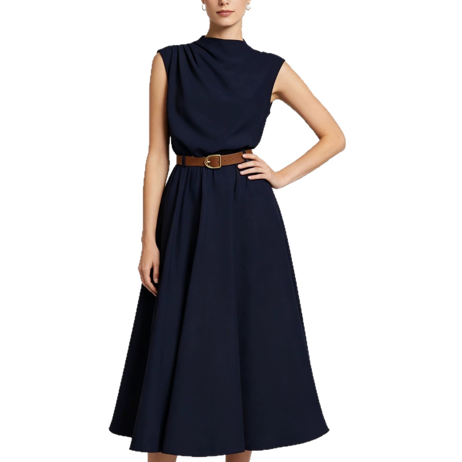 High Neck Sleeveless A-Line Midi Dress with Side Ruching and Belt