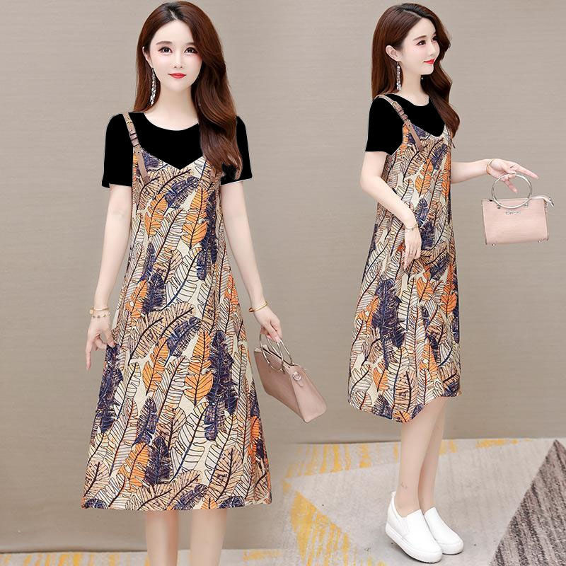 Plus Size Women's Summer Short Sleeve A-Line Dress with Faux Two-Piece Color Block Print