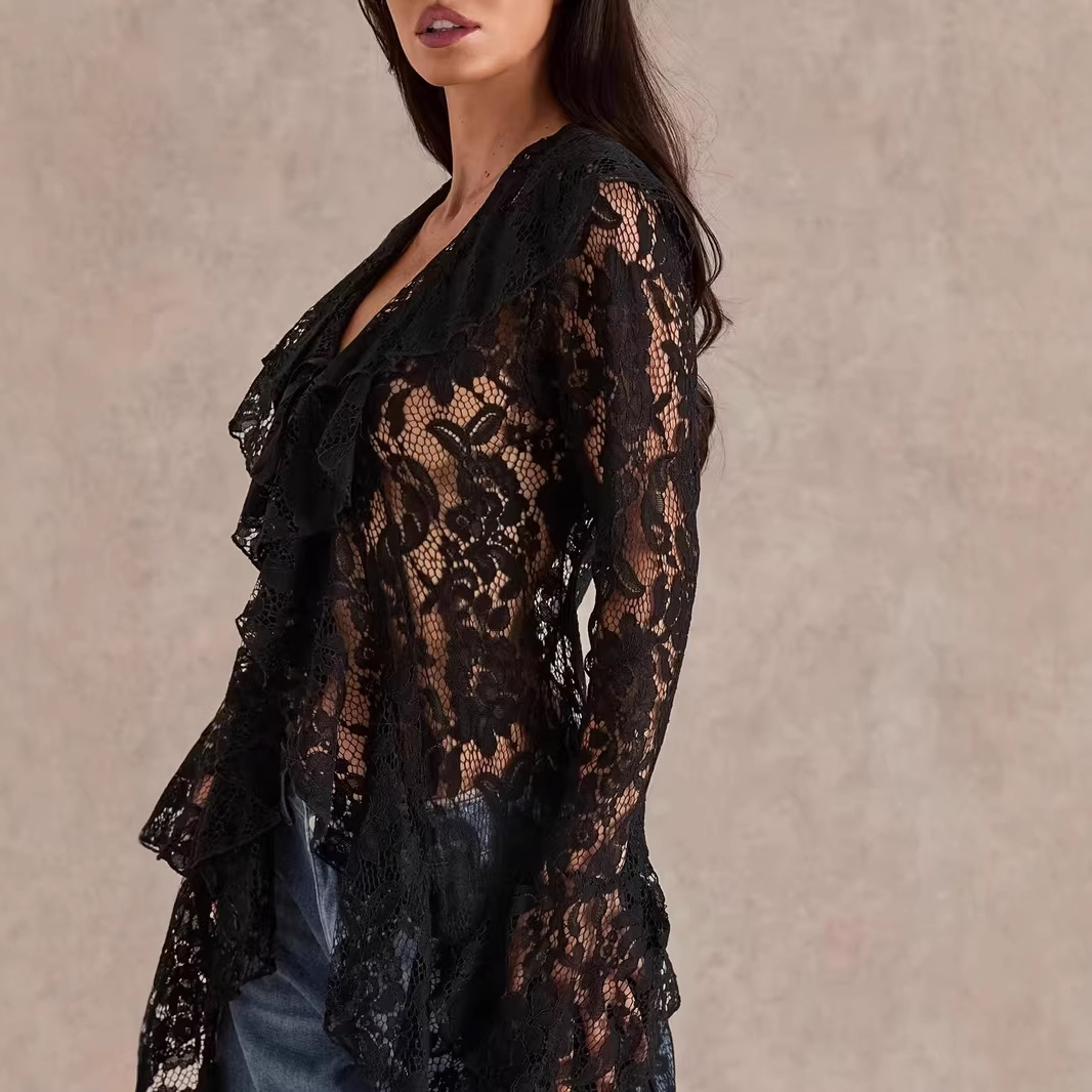 Women's Sheer Lace Ruffled Long Lightweight Cardigan