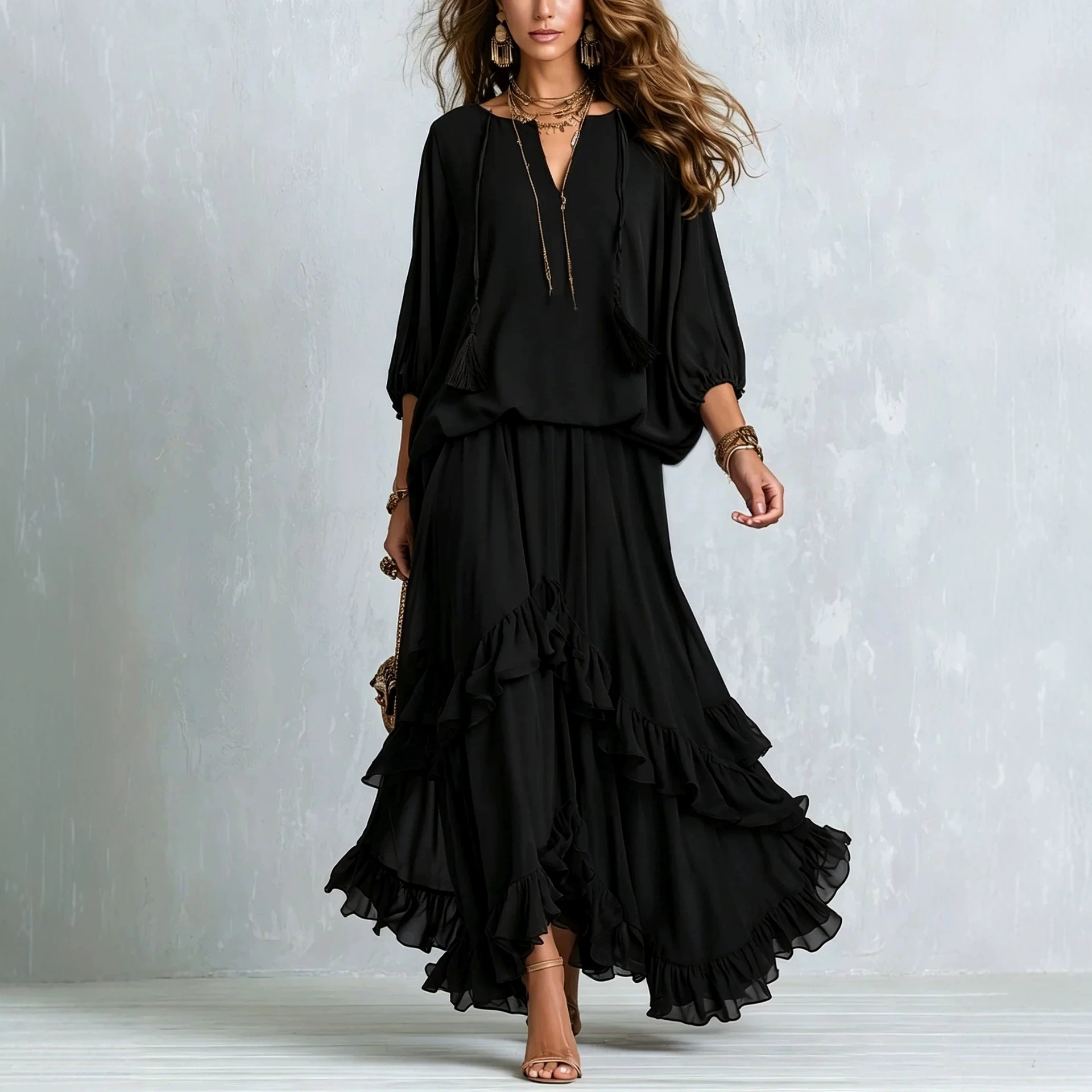 Lazy V-Neck Fringe Tie Loose Top and Ruffled Asymmetrical Maxi Skirt Two-Piece Set