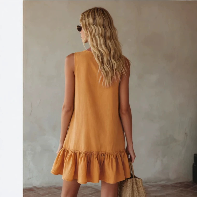 Retro V-Neck Tie-Waist Cotton Sleeveless Mini Dress