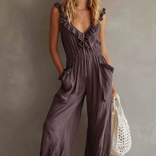Sleeveless Ruffle Trim Wide-Leg Jumpsuit