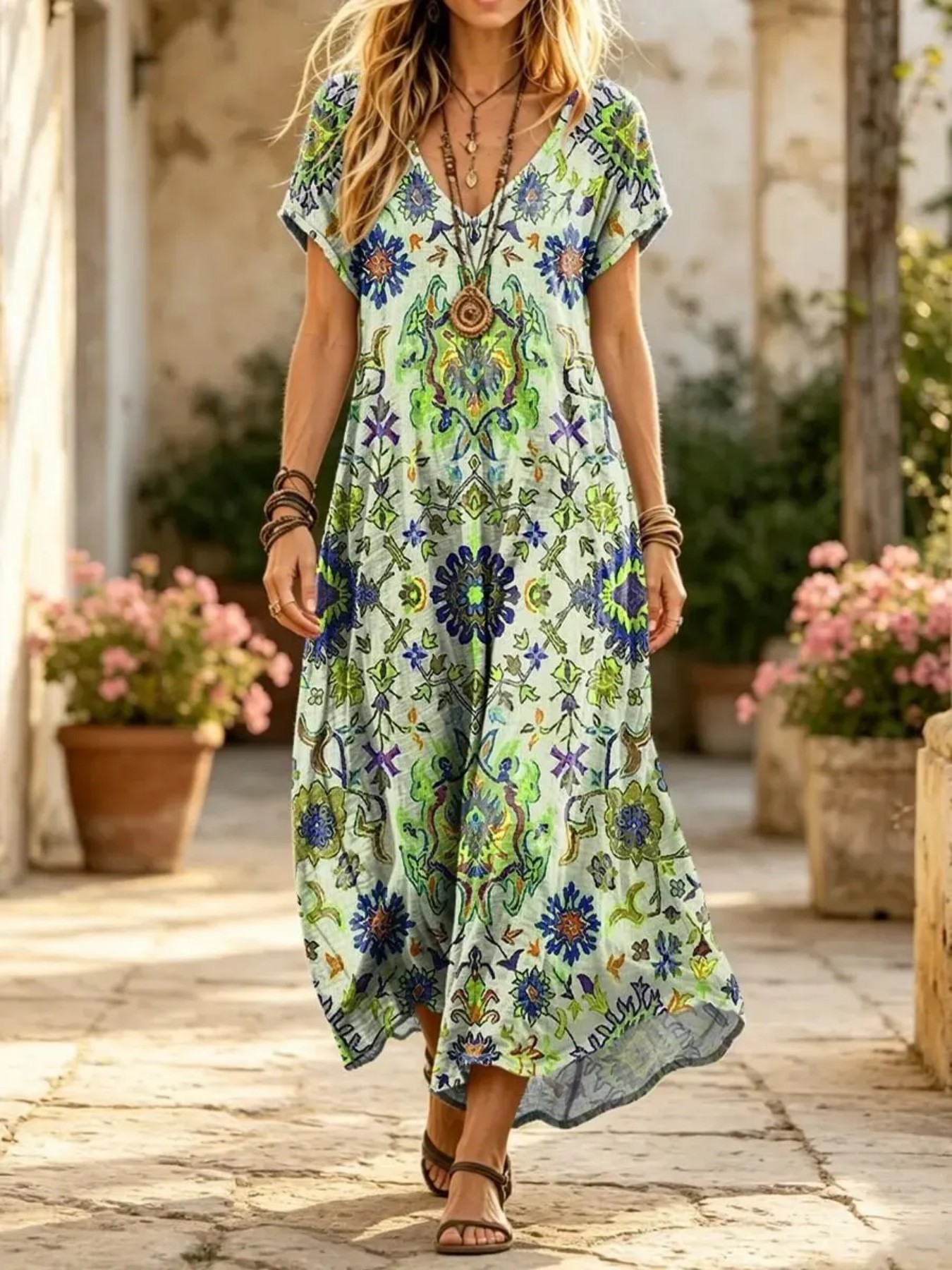 Women's Floral Print Midi Dress Short Sleeve Deep V-Neck Bodycon Casual