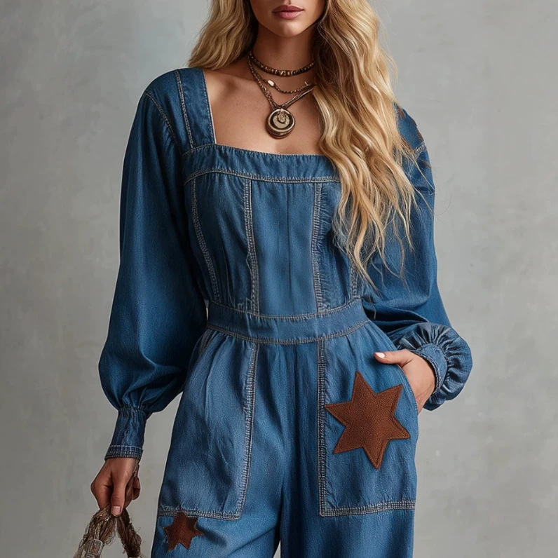 Western Retro Square Neck Star Patch Denim Jumpsuit