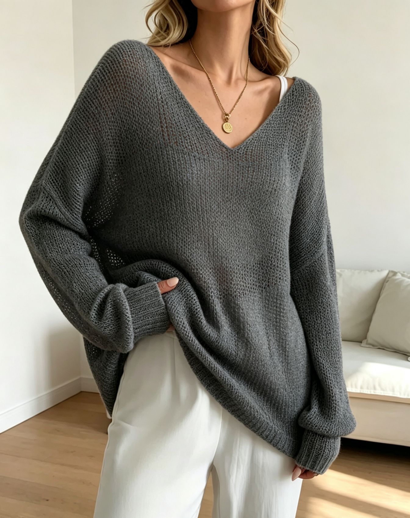 Women's Open Knit V-Neck Bell Sleeve Top