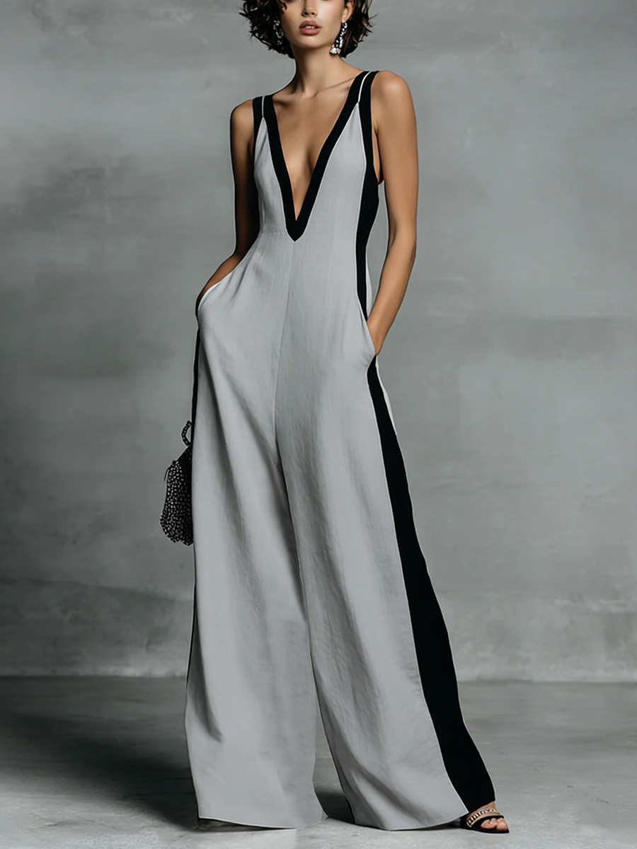 Sleeveless V-Neck Colorblock Wide-Leg Jumpsuit
