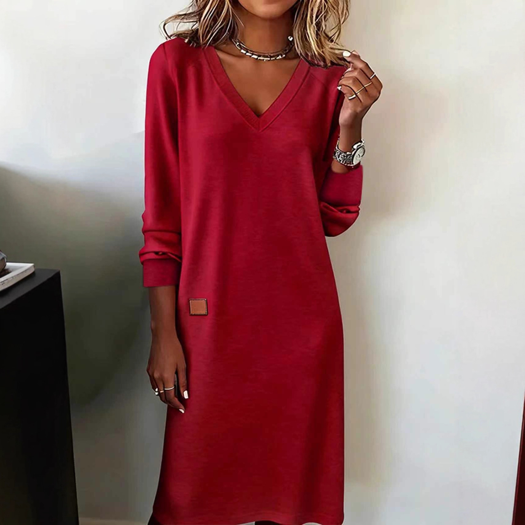 V-Neck Long Sleeve Bodycon Knit Dress