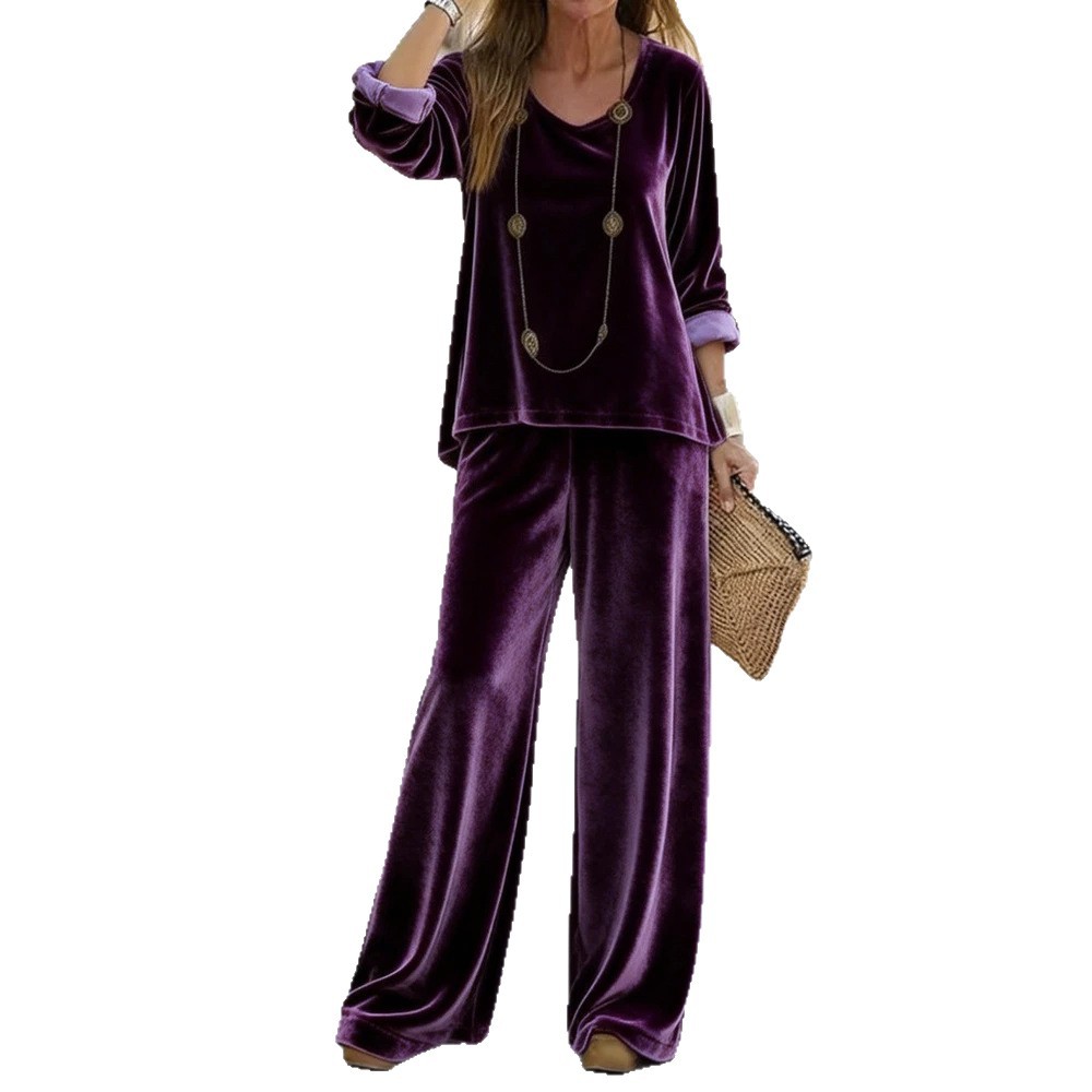 Women's Velvet V-Neck Long Sleeve Top and Pants Set Casual Multi-Color