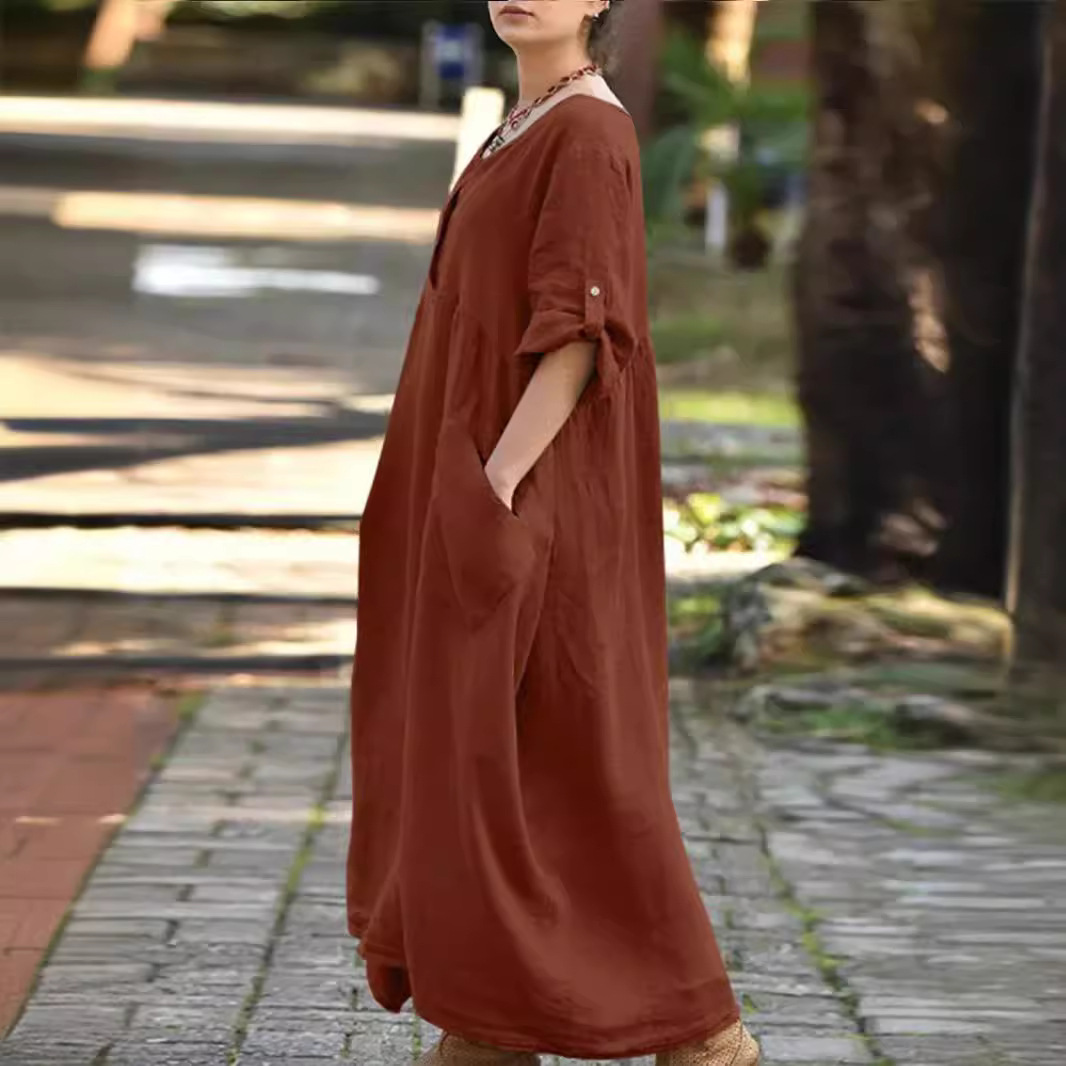 Women's Casual Loose Long Sleeve V-Neck Pocket Cotton Linen Dress