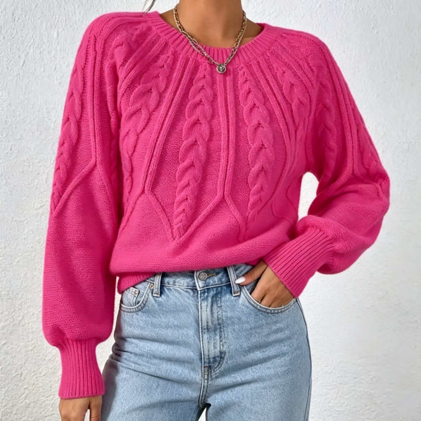 Women's Cable-Knit Crewneck Pullover Sweater Long-Sleeve Solid Color