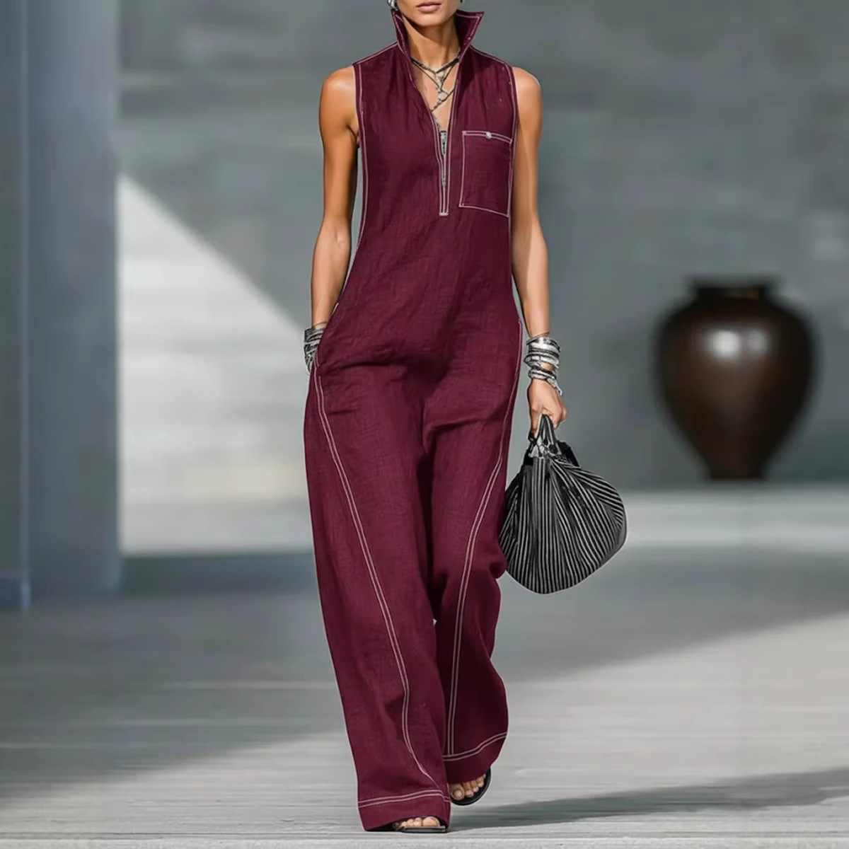 Women's Sleeveless Stand Collar Wide-Leg Jumpsuit