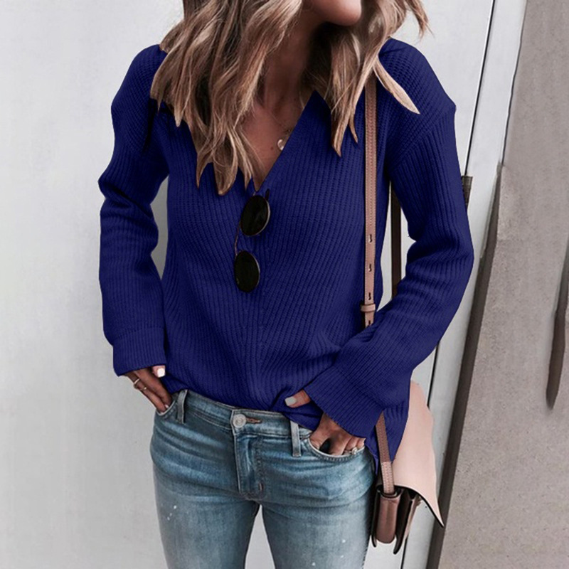 Women's V-Neck Knit Sweater Pullover Solid Color Long Sleeve