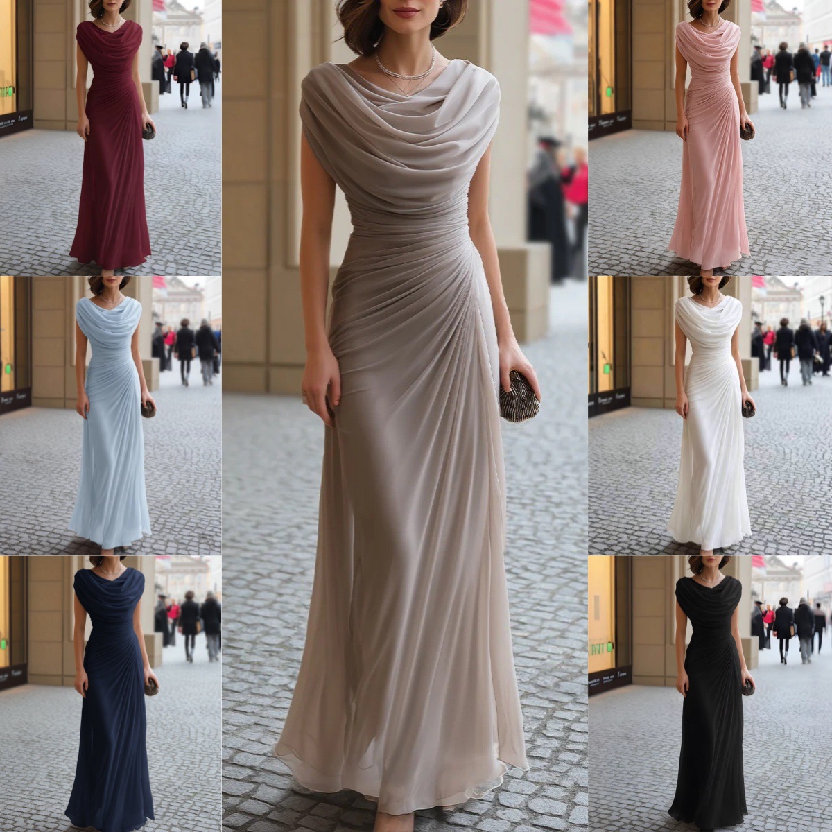Women's Slim Fit Draped Neck Ruched Long Dress