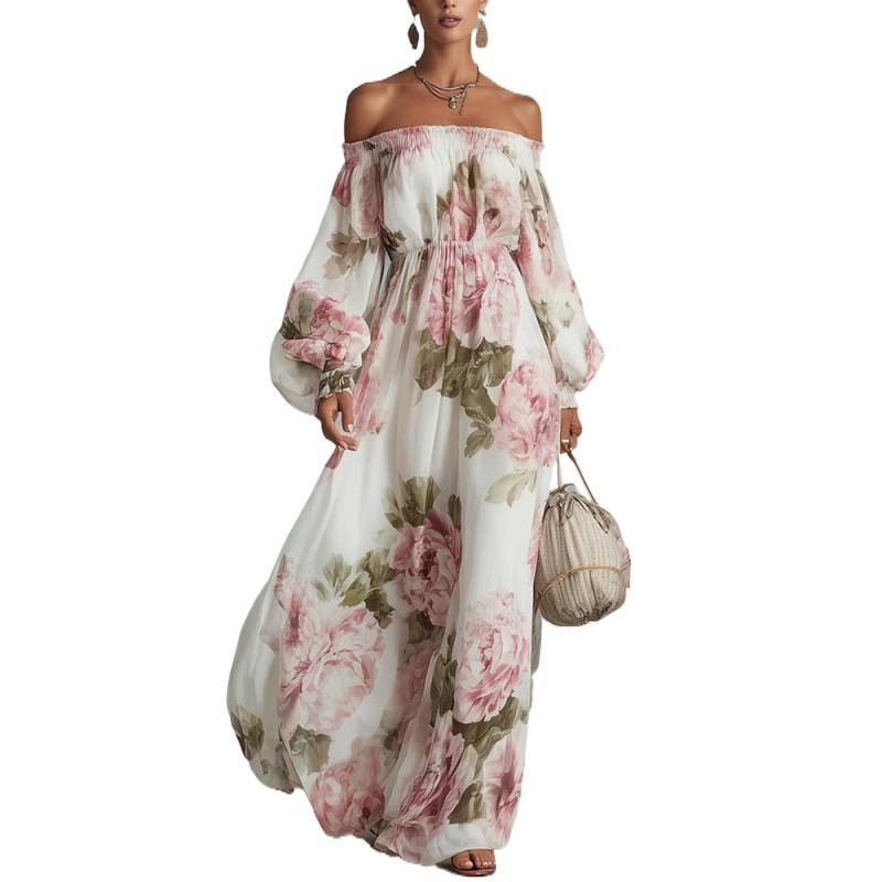 Floral Print Off-Shoulder Lantern Sleeve Midi Dress