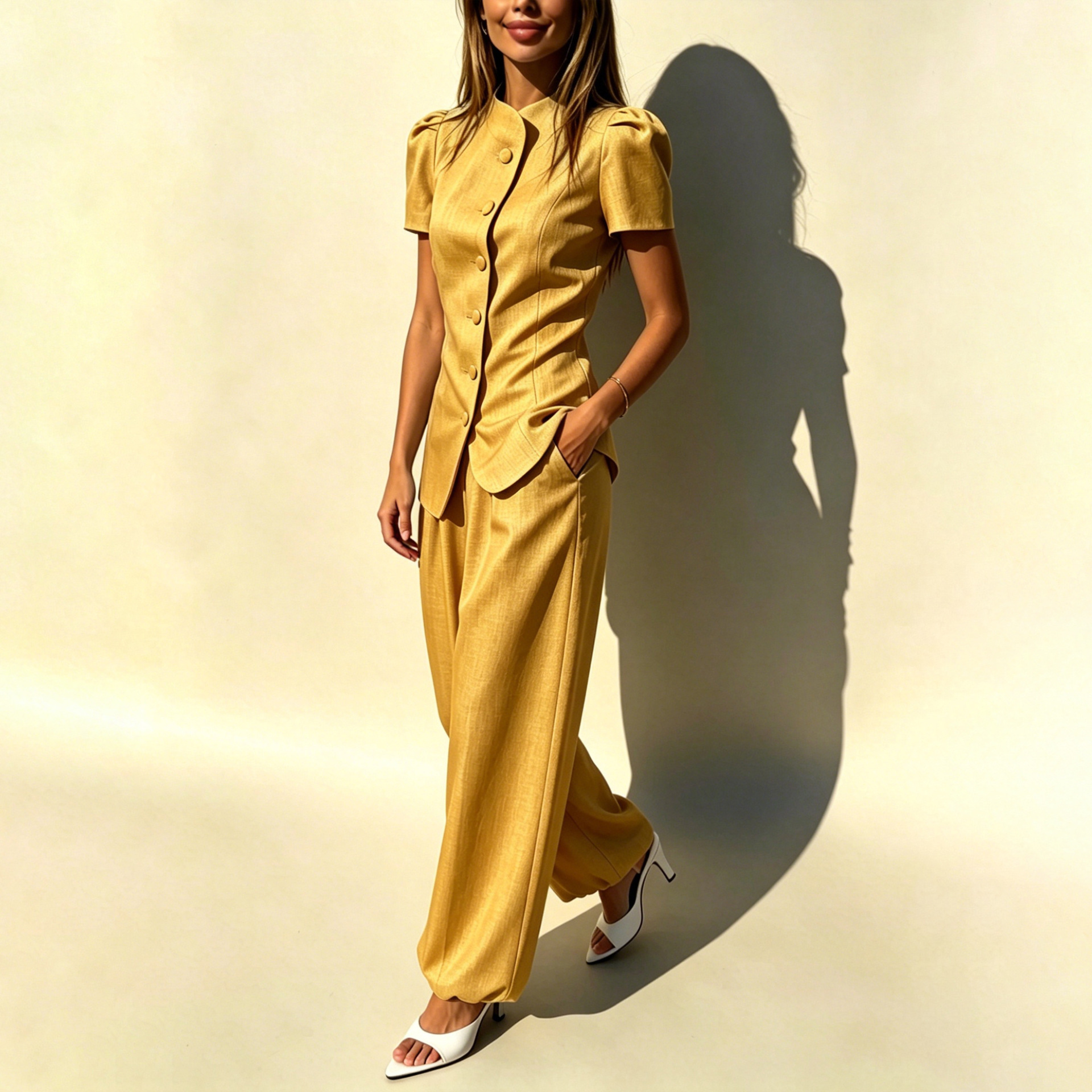 Women's Solid Color Waist-Cinched Short-Sleeve Top and Pants Two-Piece Set