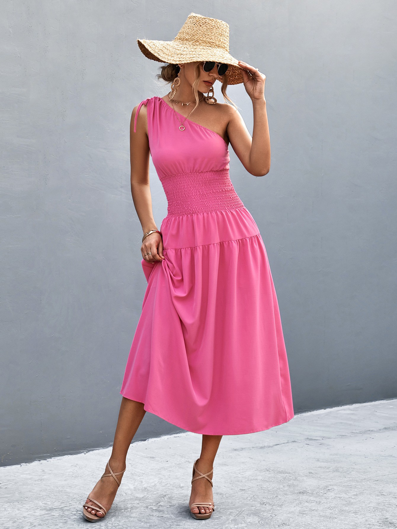 Summer Sleeveless One-Shoulder Tie-Waist Flowy Dress