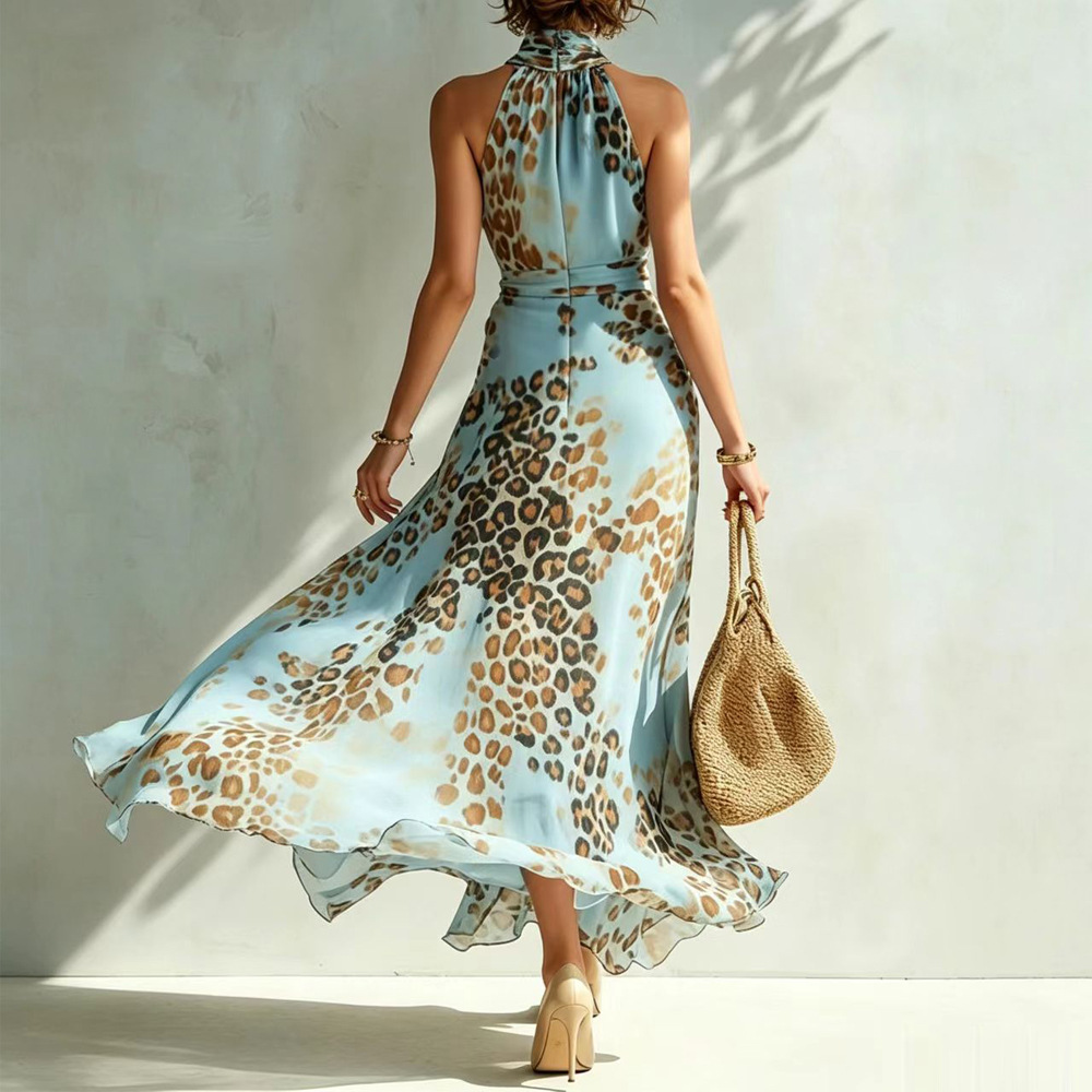 Sleeveless Halter Leopard Print A-Line Maxi Dress