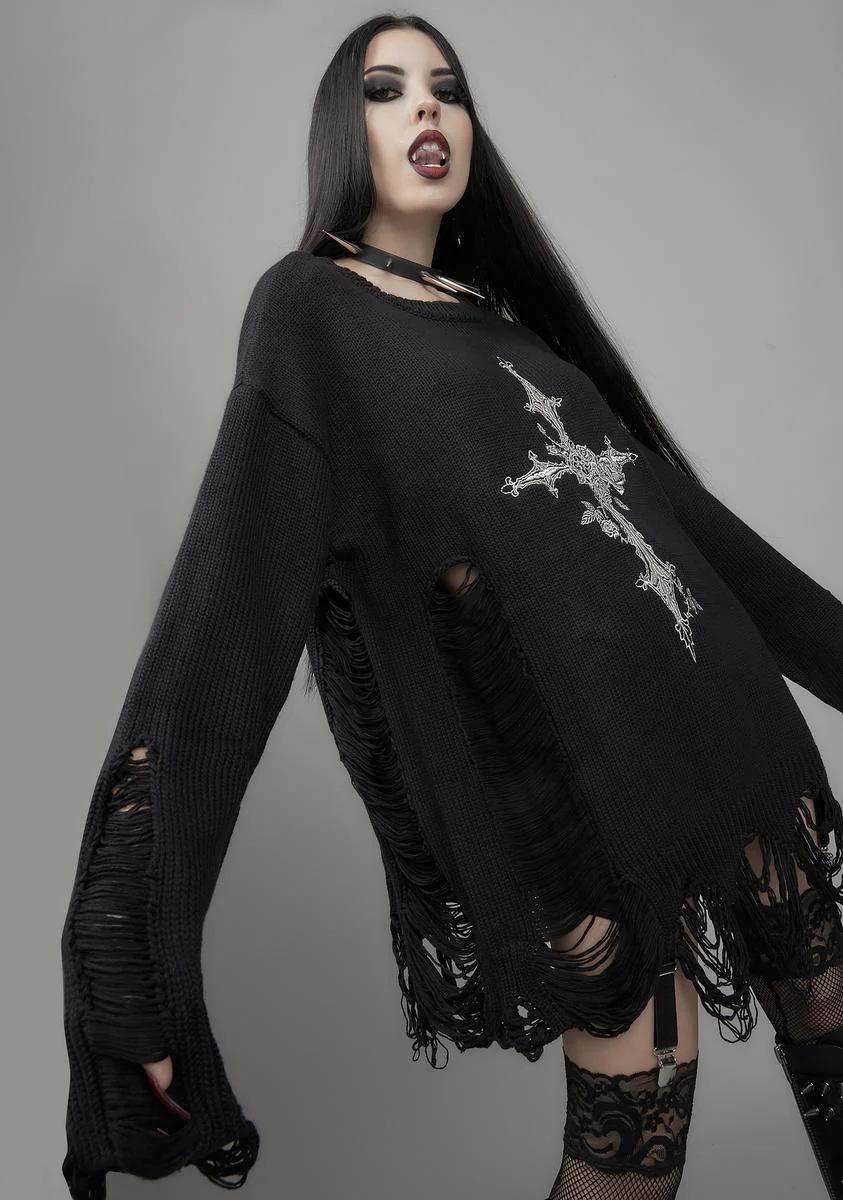 Women's Long Sleeve Cross Cutout Distressed Knit Sweater