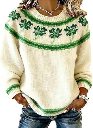 Women's Clover Print Crewneck Sweatshirt Casual Pullover