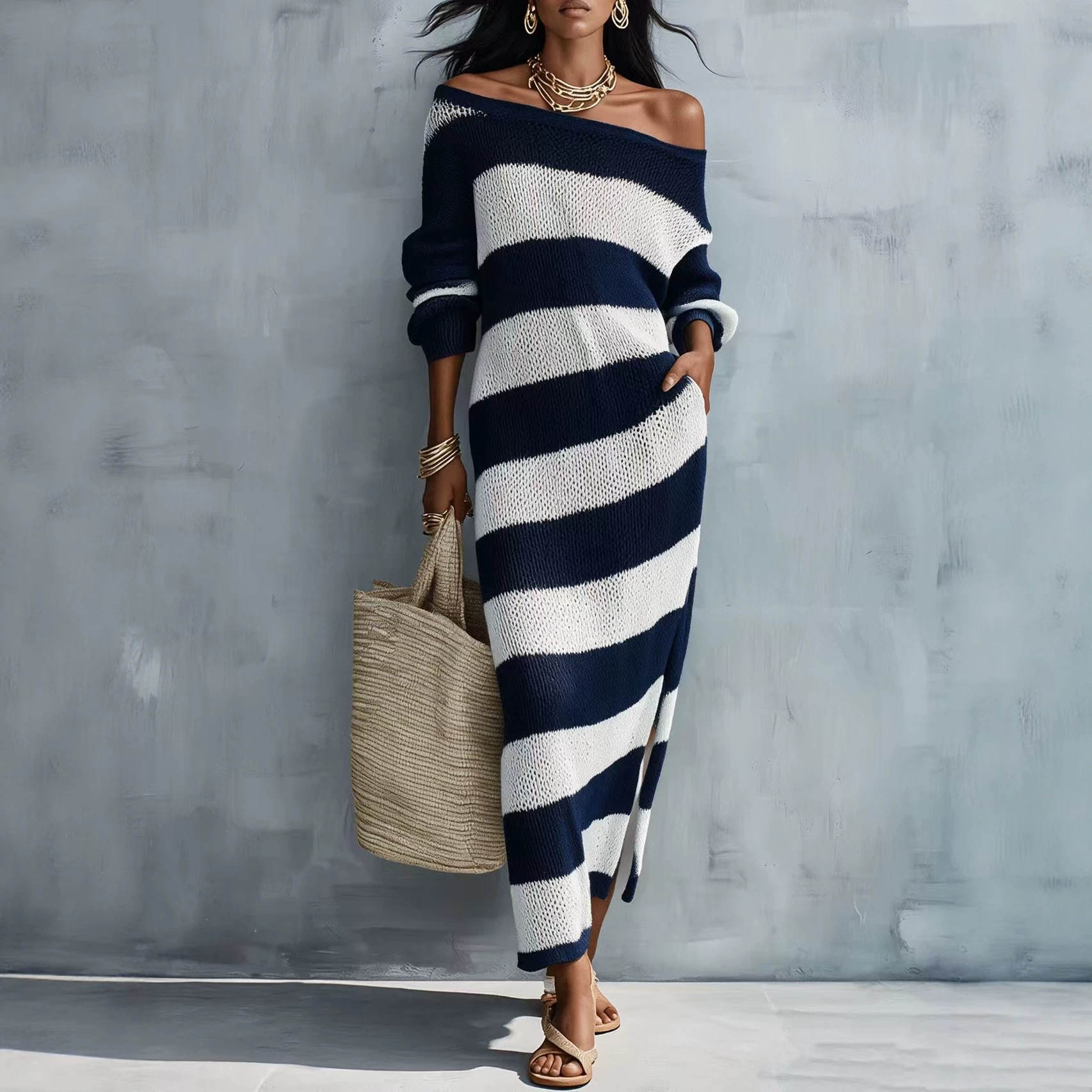 One-Shoulder Striped Knit Long Dress with Cutout and Slit