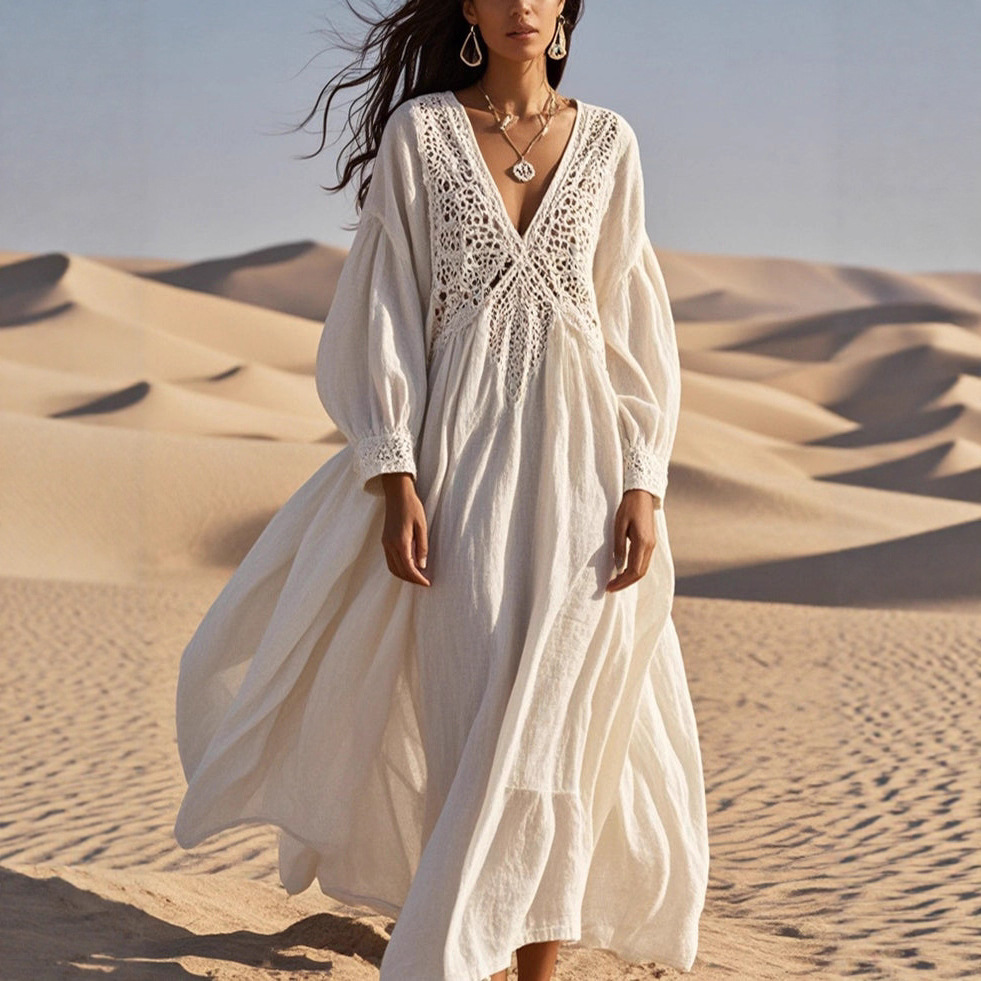 Lace Boho Maxi Dress V-Neck Long Sleeve High Waist White