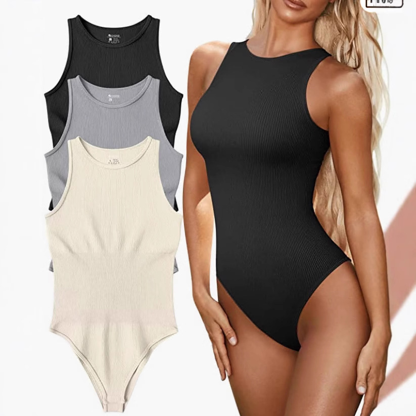 Women's Sleeveless Ribbed Bodysuit One-Piece Swimsuit