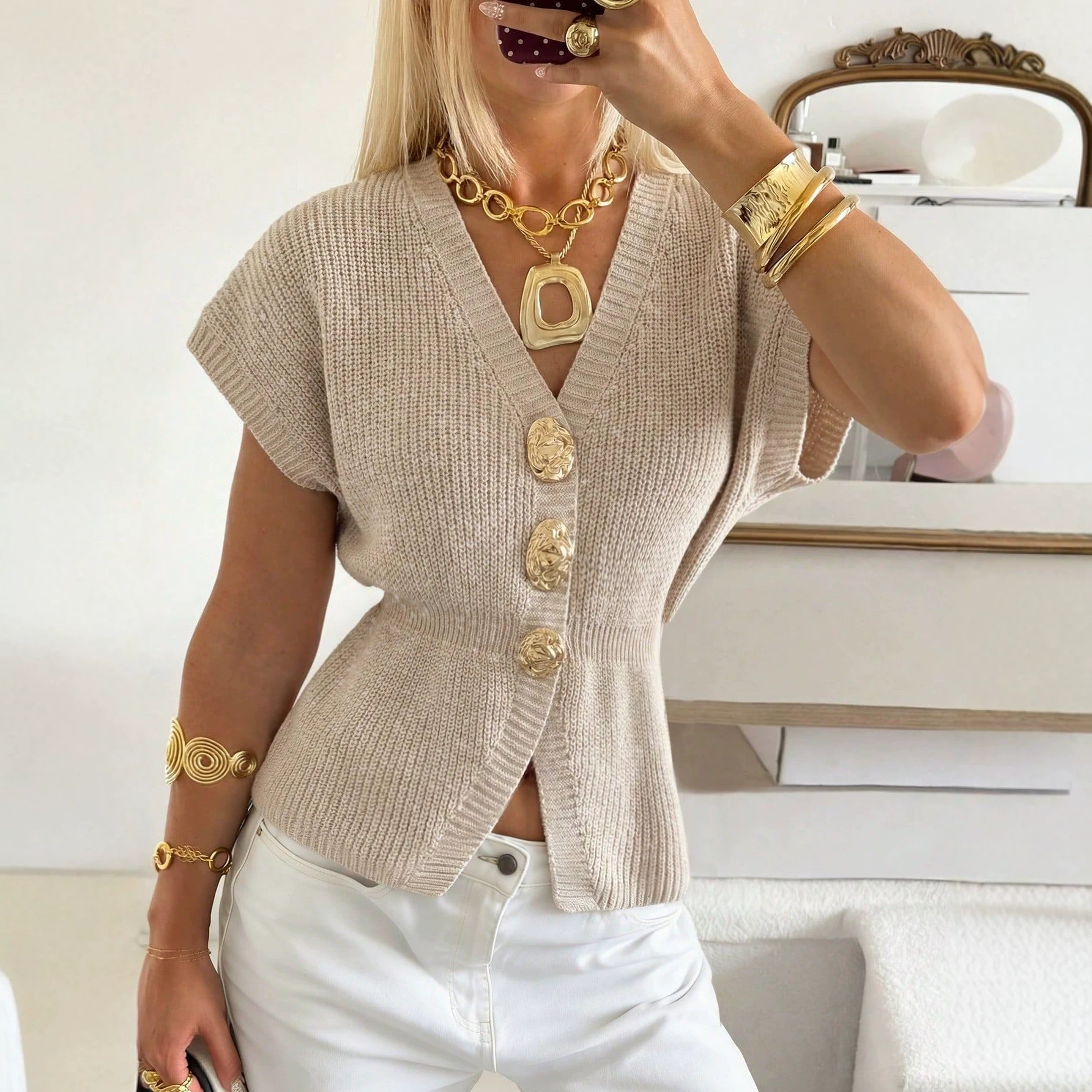 Oatmeal V-Neck Knit Vest with Metal Button Waist and Sleeveless Design