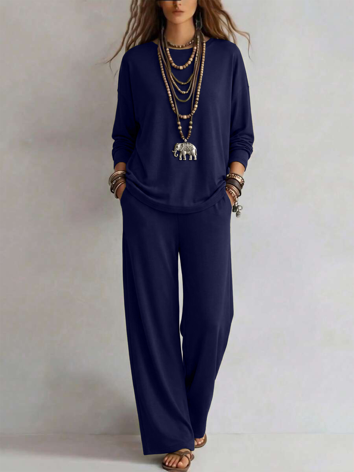 Women's Solid Color Two-Piece Set Long Sleeve Top & Wide-Leg Pants