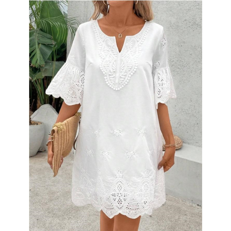 Hollow-Out Embroidered Lace V-Neck Half-Sleeve Dress