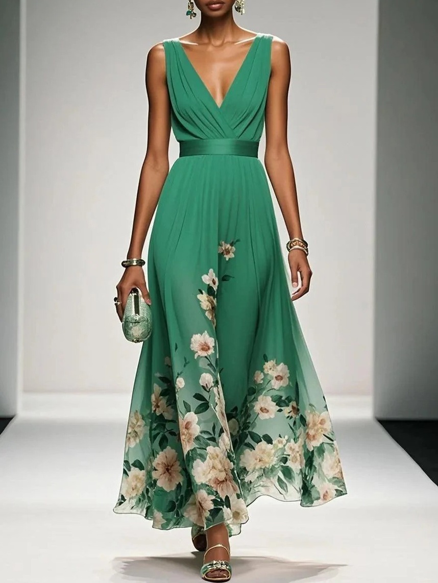 Elegant Deep V-Neck Sleeveless Maxi Dress