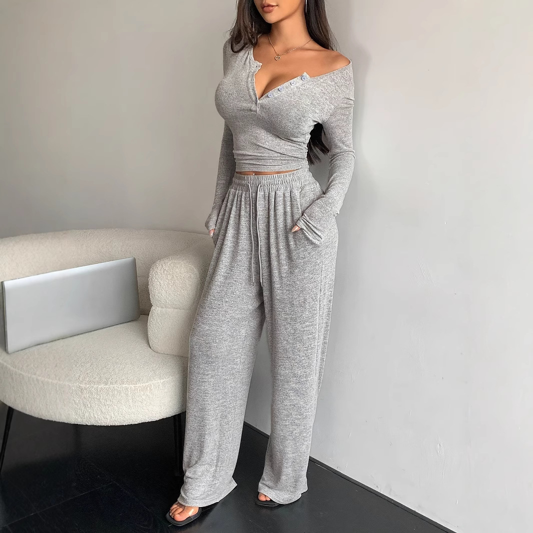 Women's Long Sleeve Button-Front Solid Slim Top and Pants Two-Piece Set