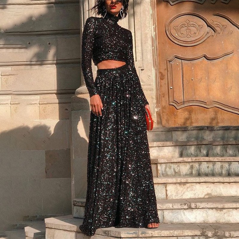 Elegant High Neck Long Sleeve Sequin Maxi Dress for Women