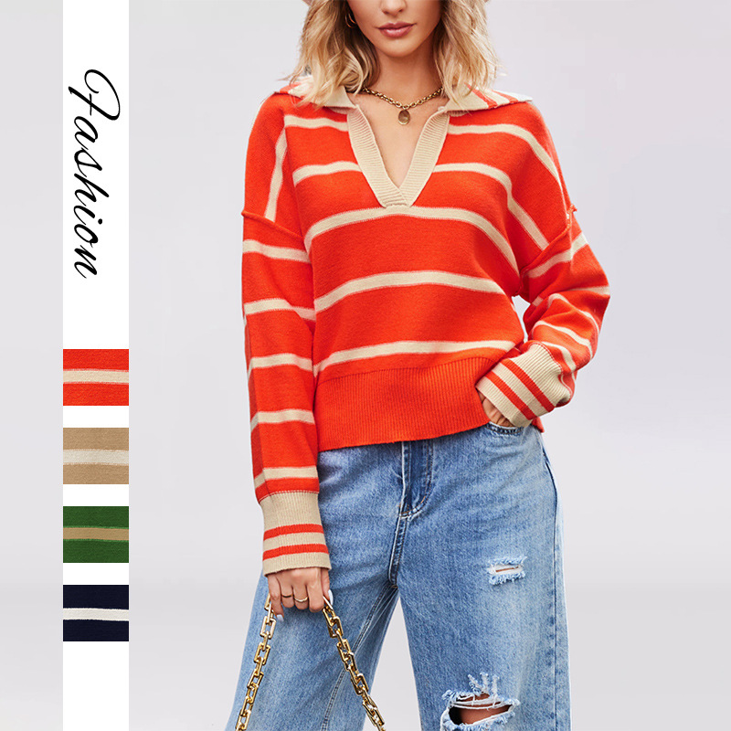 Striped Colorblock Knit Sweater with Collar Loose Plus Size