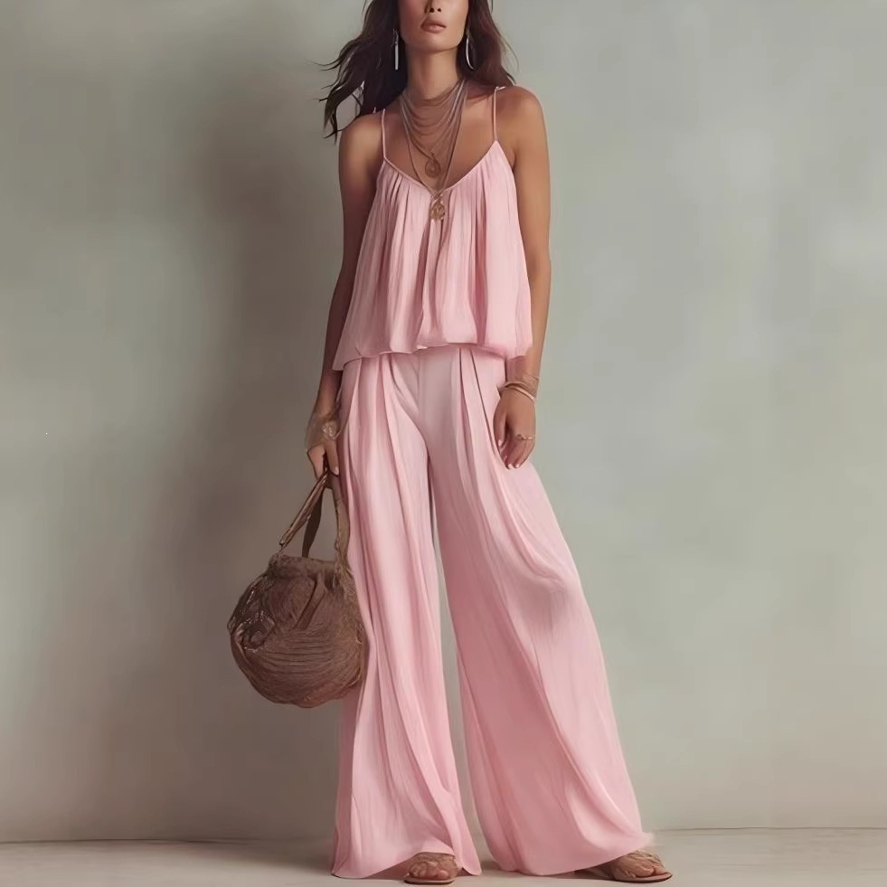 French Square-Neck Cami & Wide-Leg Pants Two-Piece Set