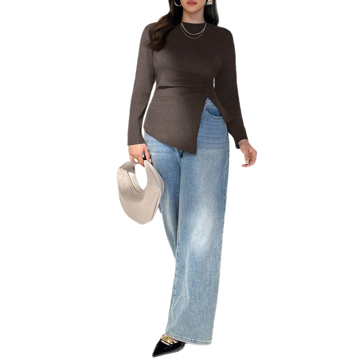 Plus Size Ribbed Long Sleeve Asymmetric Hem Fitted Tee