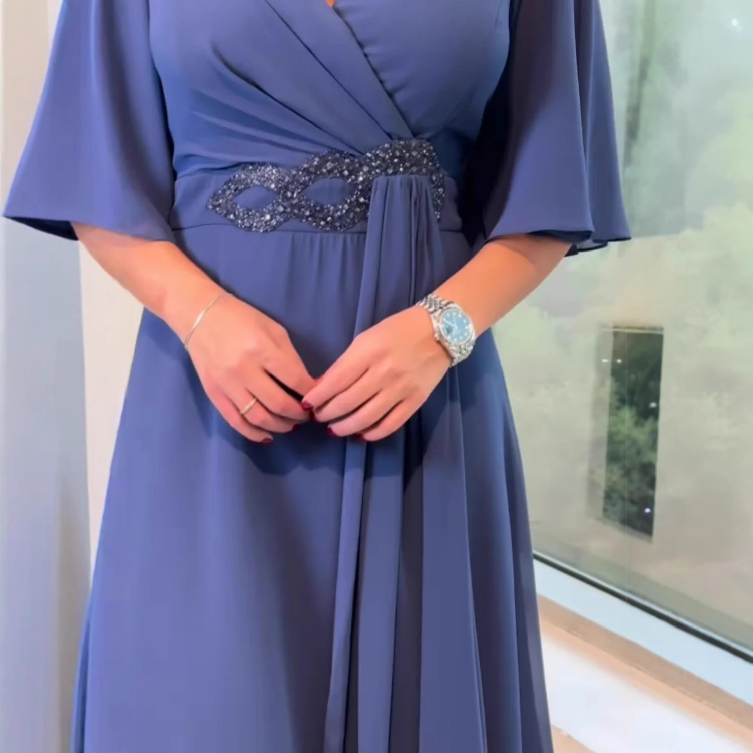 Women's V-Neck Ruched Long Dress Solid Color