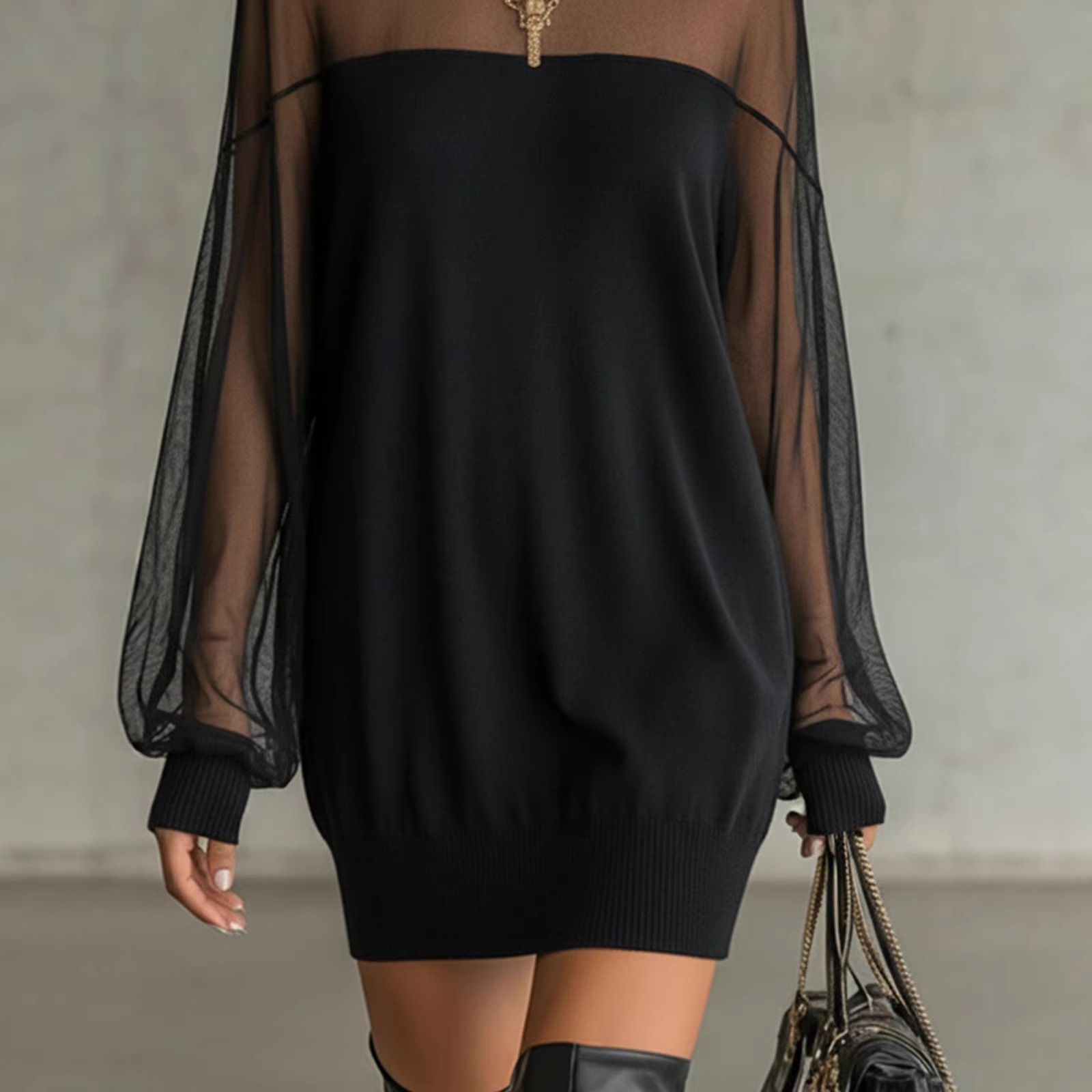 Women's Mesh Panel Mini Dress Long Sleeve Crew Neck Black